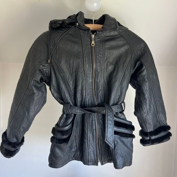 Vintage Black Leather Jacket Hooded Faux Fur Trim Coat Biker Moto Boho - Picture 1 of 7